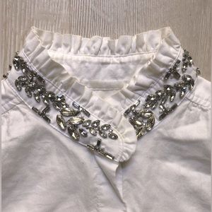 Sleeveless white button down shirt with crystals, gems and ruffles J. Crew